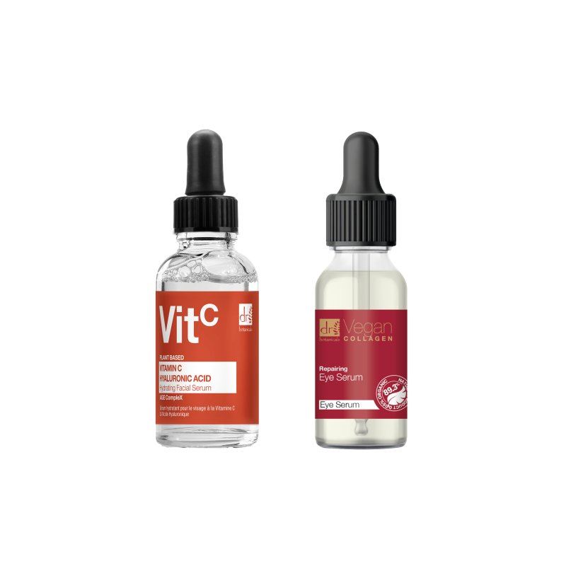 Sérum Facial Antiedad Vitamina C y Ácido Hialurónico 30ml + Sérum Contorno de Ojos Reparador de Colágeno Vegano.