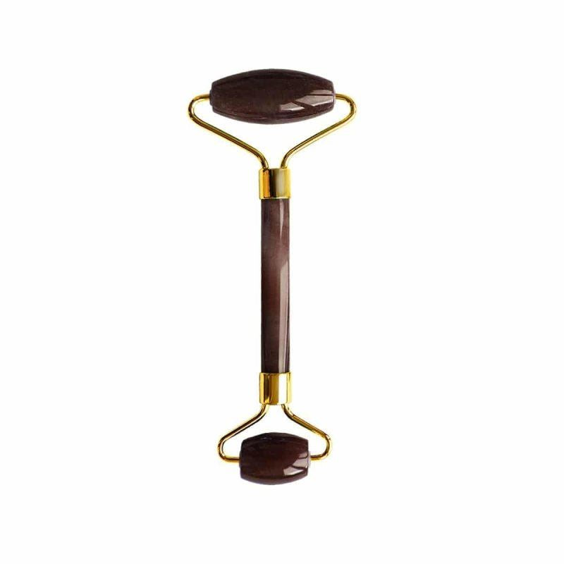 Rodillo facial de armonía y equilibrio de ojo de tigre (mango de metal dorado)