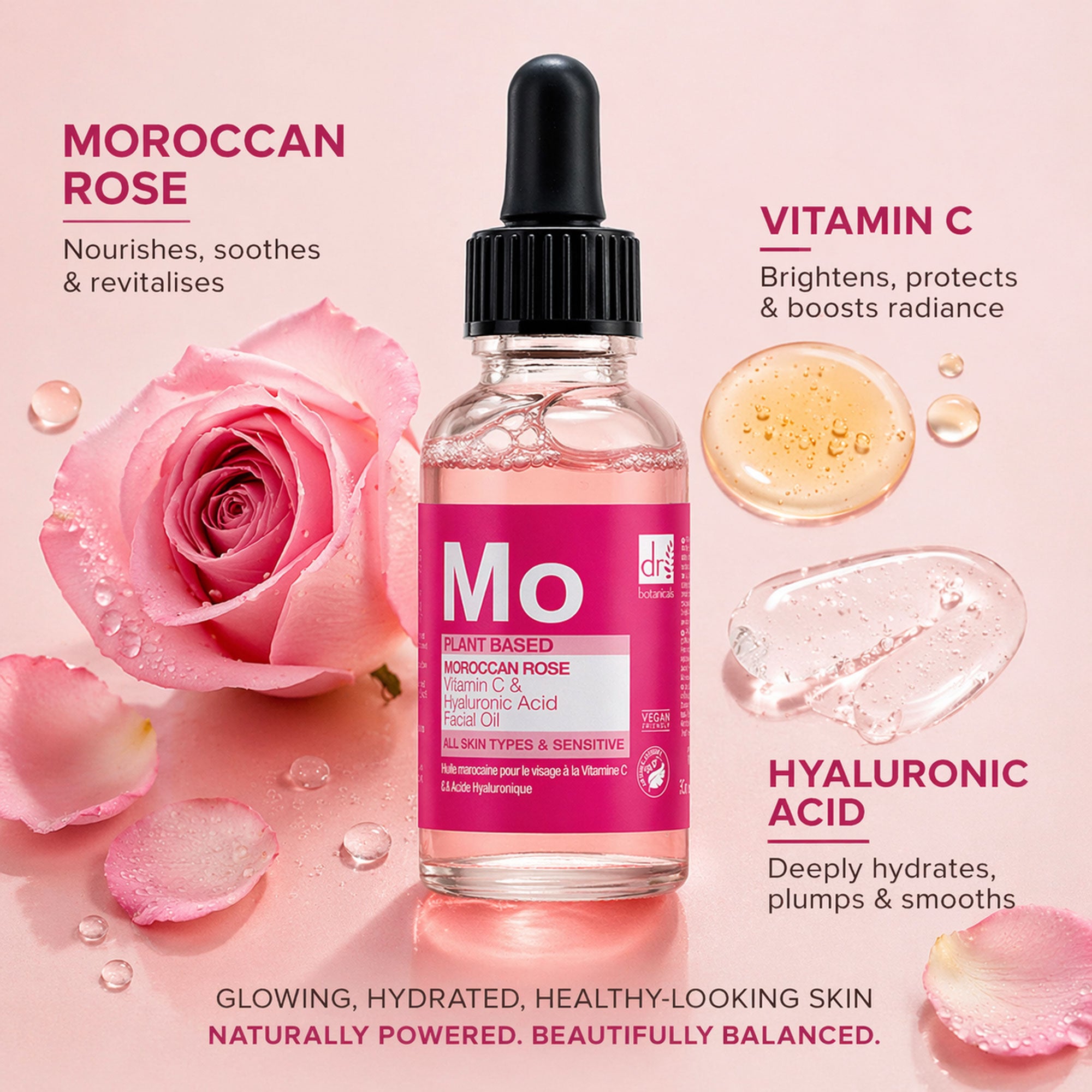 Moroccan Rose Facial Oil with Hyaluronic Acid & Vitamin C 30ml Trio Set