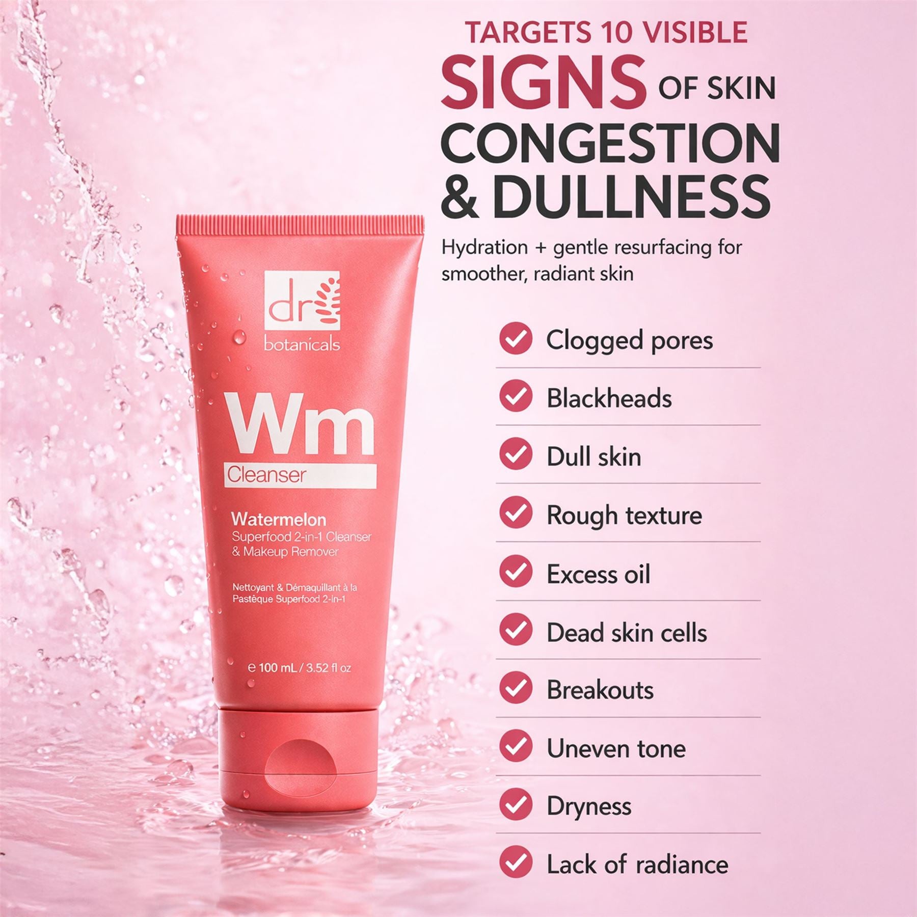 Watermelon Superfood 2-in-1 Cleanser & Makeup Remover 100ml with Glycolic Acid, Salicylic Acid and Lactic Acid