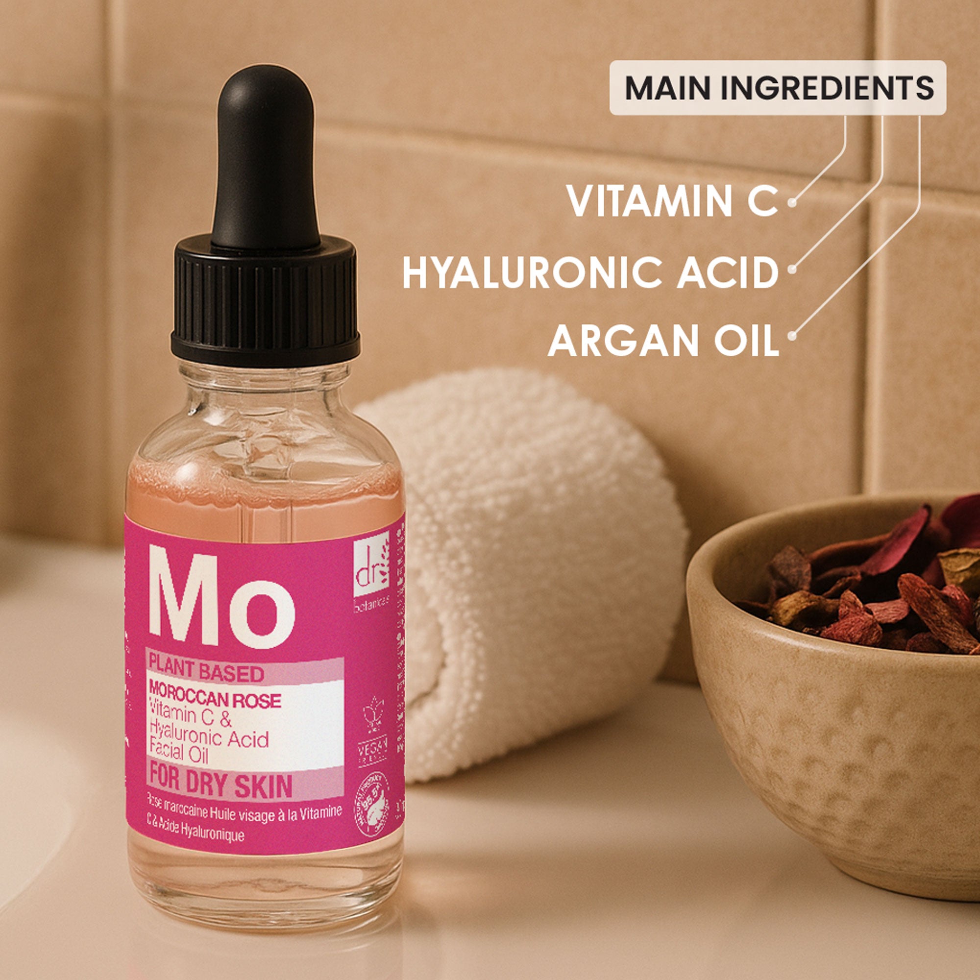 Moroccan Rose Facial Oil with Hyaluronic Acid & Vitamin C 30ml Trio Set