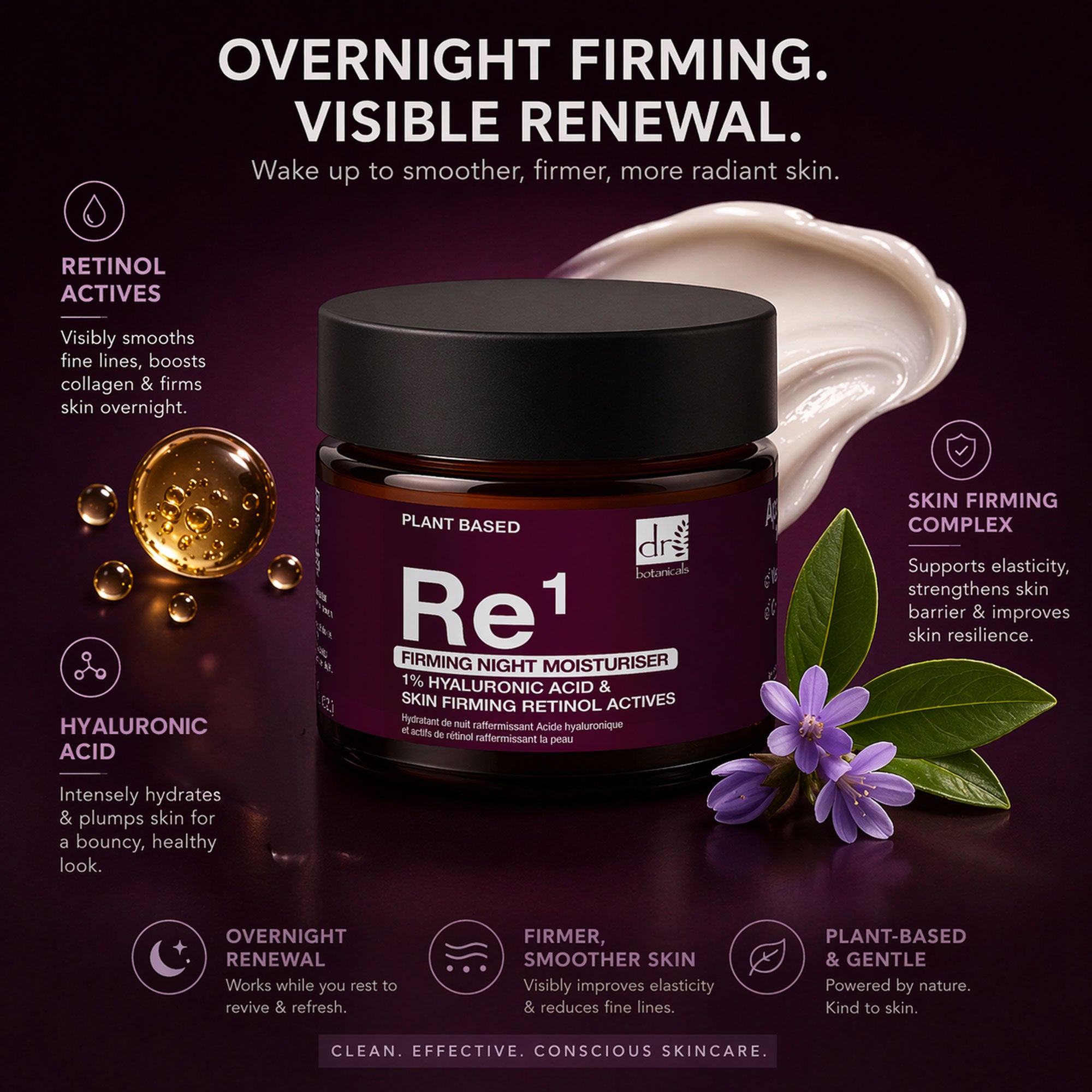 Dr Botanicals Firming Night Moisturiser with 1% Hyaluronic Acid & Skin Firming Retinol Actives 60ml