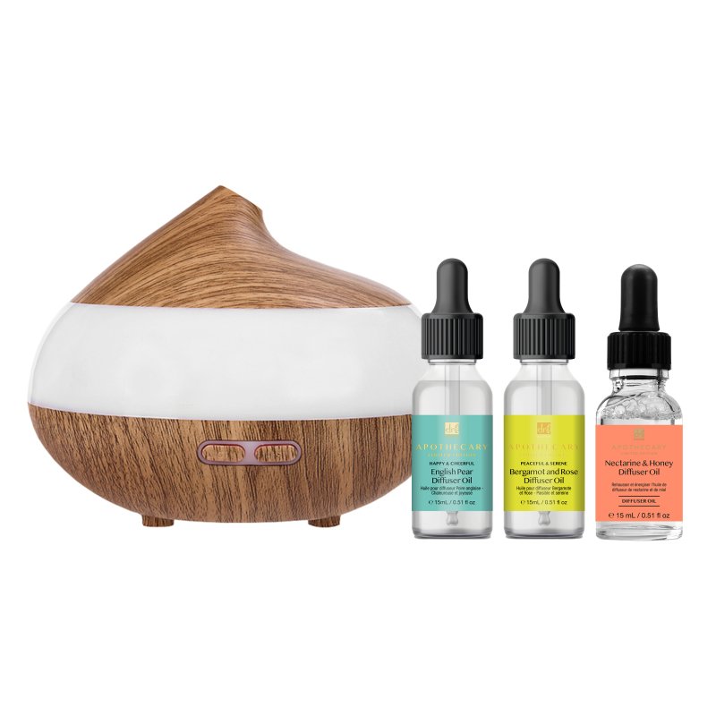 Wooden Aroma Diffuser + Oils Kit: English Pear, Bergamot & Rose, Nectarine & Honey - Dr Botanicals